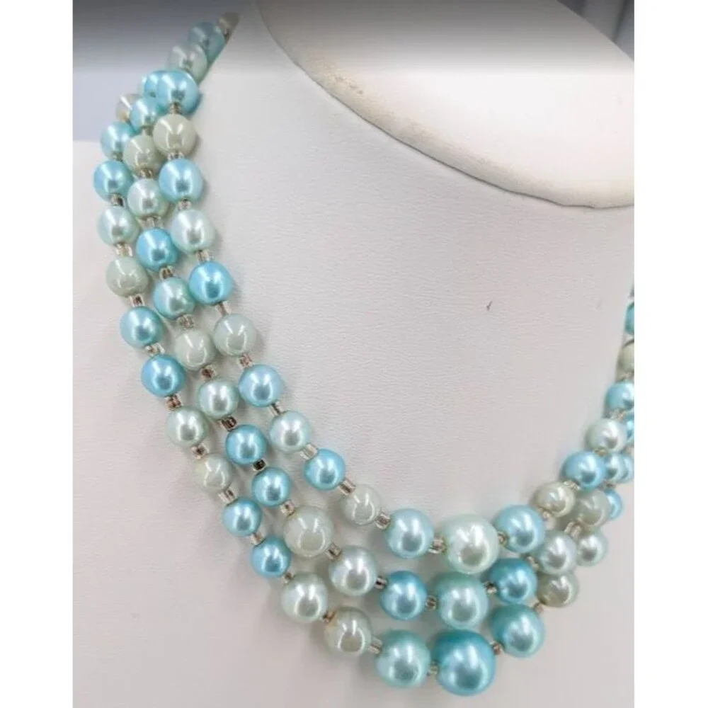 Vintage Japan Triple Strand Faux Pearl Necklace Aqua Cream Silver Tone 18 Inch